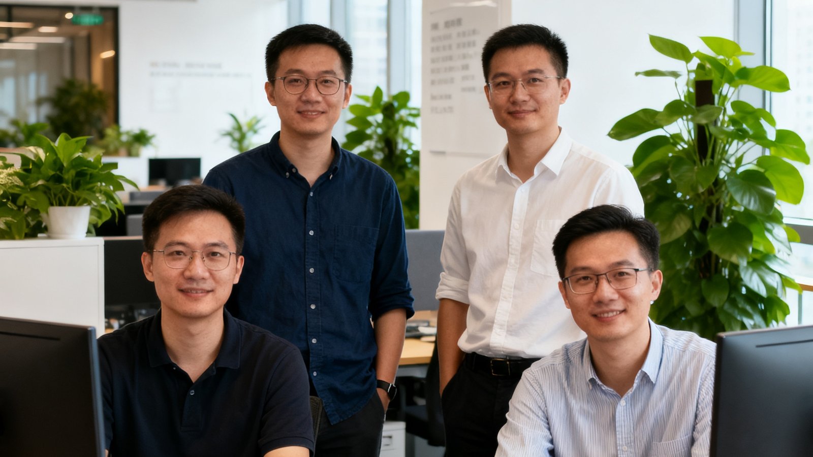 球吧网四位创始人在深圳南山共享办公室的合影，桌上放着电脑和足球